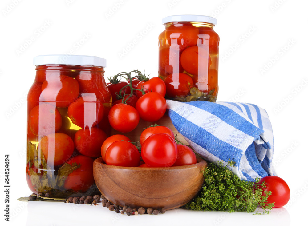 Tasty canned and fresh tomatoes, isolated on white Tasty canned and fresh tomatoes, isolated on white