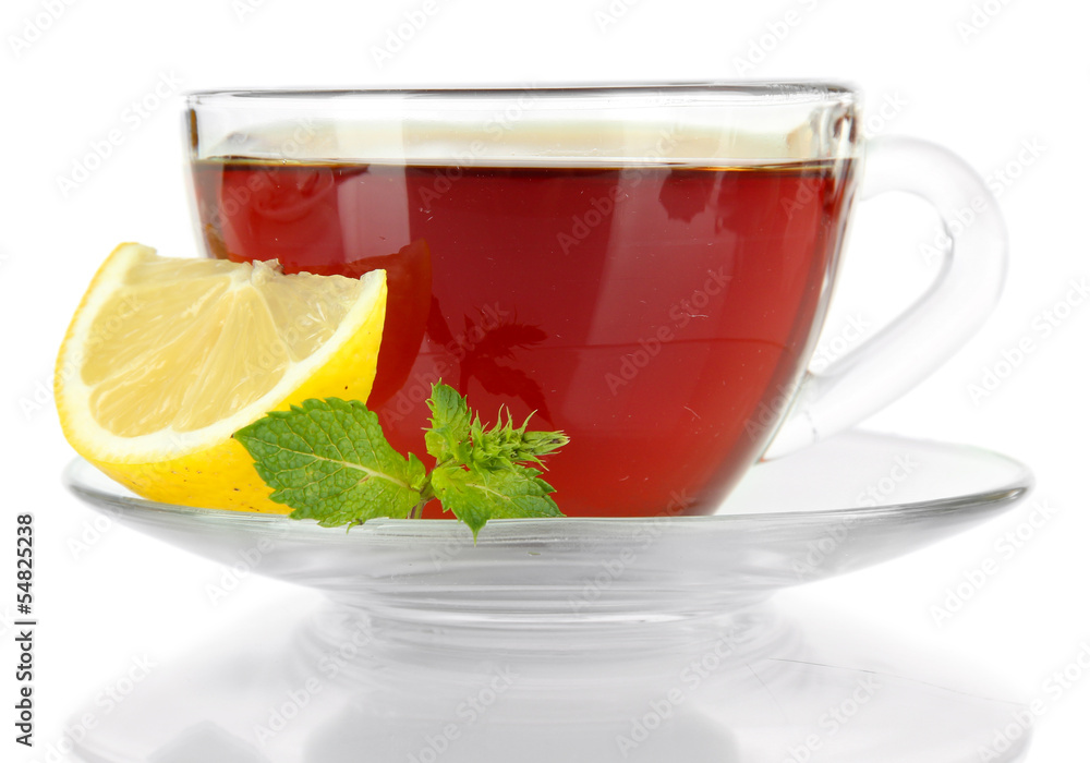 Cup of tea with lemon isolated on white Cup of tea with lemon isolated on white