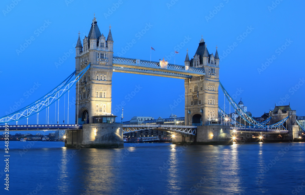 Tower Bridge in London, UK at night