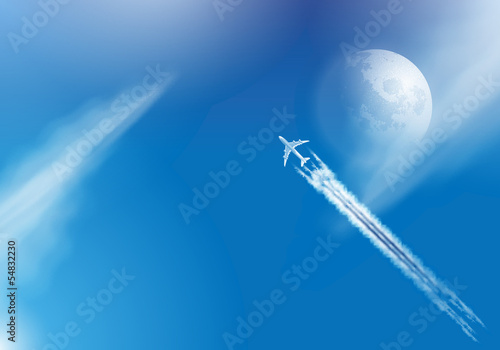 Vector airplane in the clouds with the moon and condensation tra