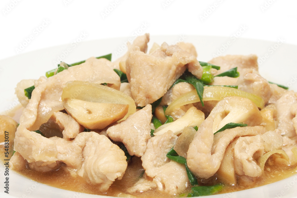 Fried pork with oyster sauce on plate Fried pork with oyster sauce on plate