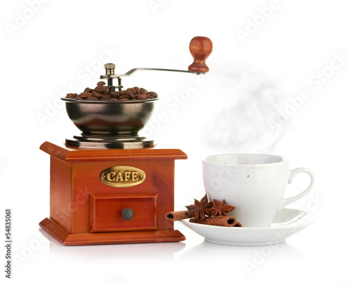 coffee beans with wooden coffee grinder and coffee cup.