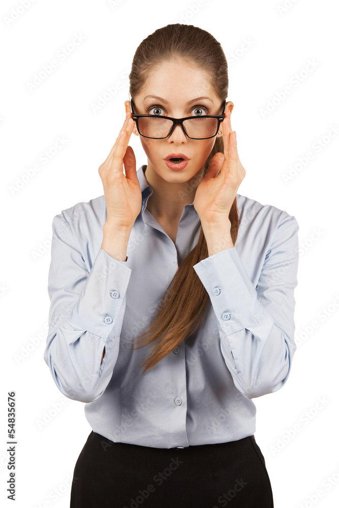 Young woman in glasses with something surprised Young woman in glasses with something surprised
