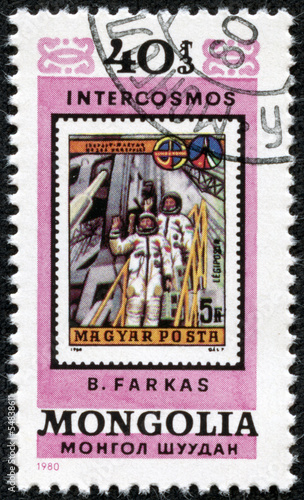 stamp printed in Mongolia shows post stamp with Bertalan Farkas