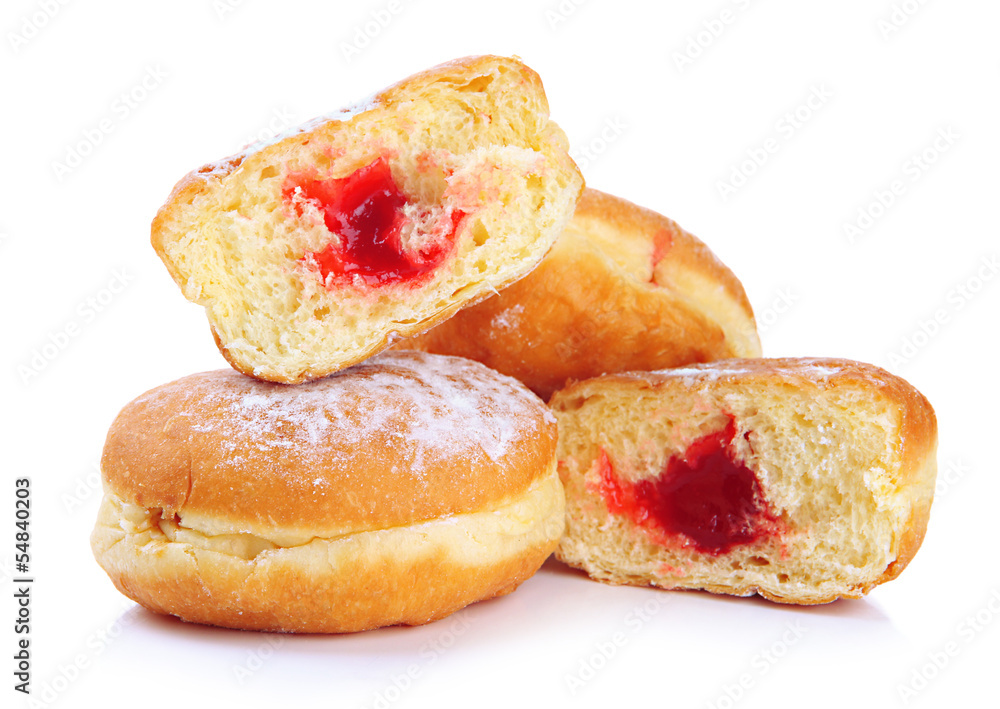 Tasty donuts with jam isolated on white