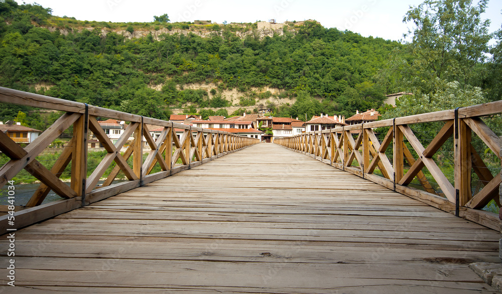 Wooden bridge through Yantr Veliko Tyrnovo's river, Bulgaria