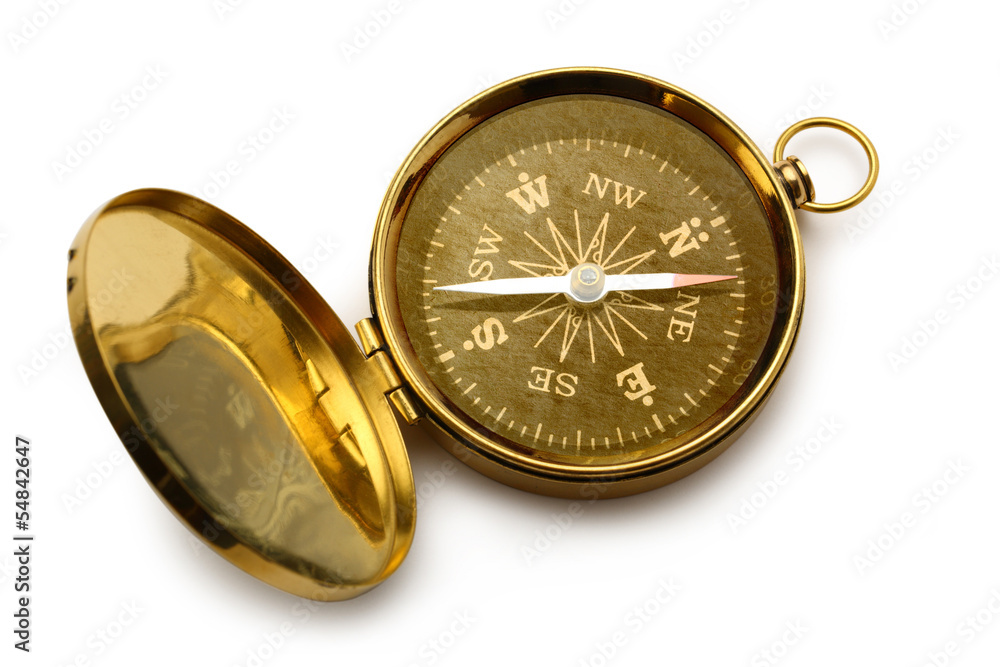 Single golden compass on white background Single golden compass on white background