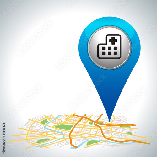 blue hospital pointer on map location. 