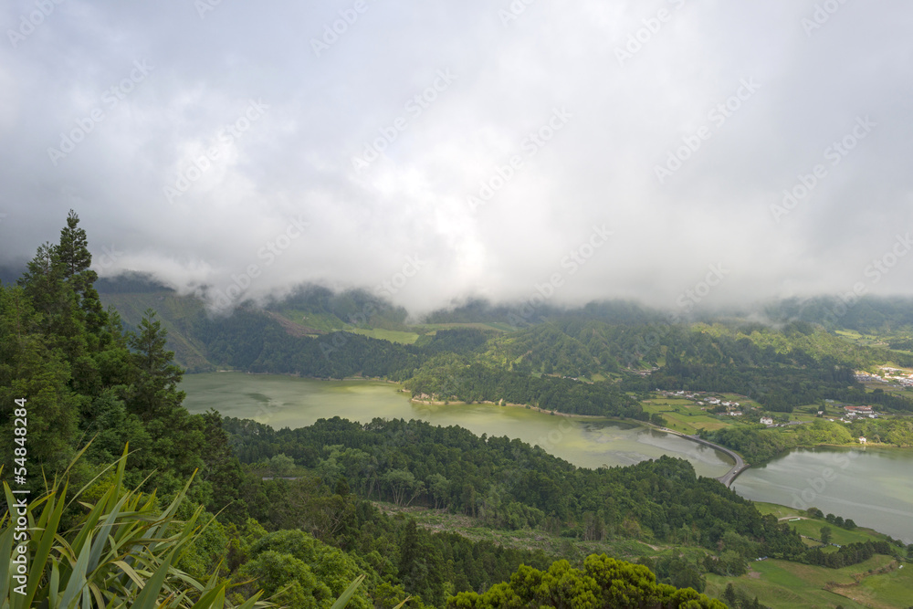 Fototapeta premium Blue and green lakes in a volcanic crater