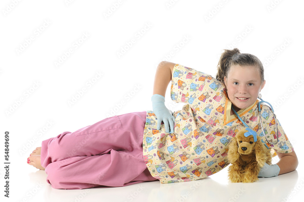 Play Veterinarian Relaxing with Her Play Puppy