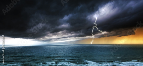 Lightning and Stormy Weather Over Sea - Panorama #54850637