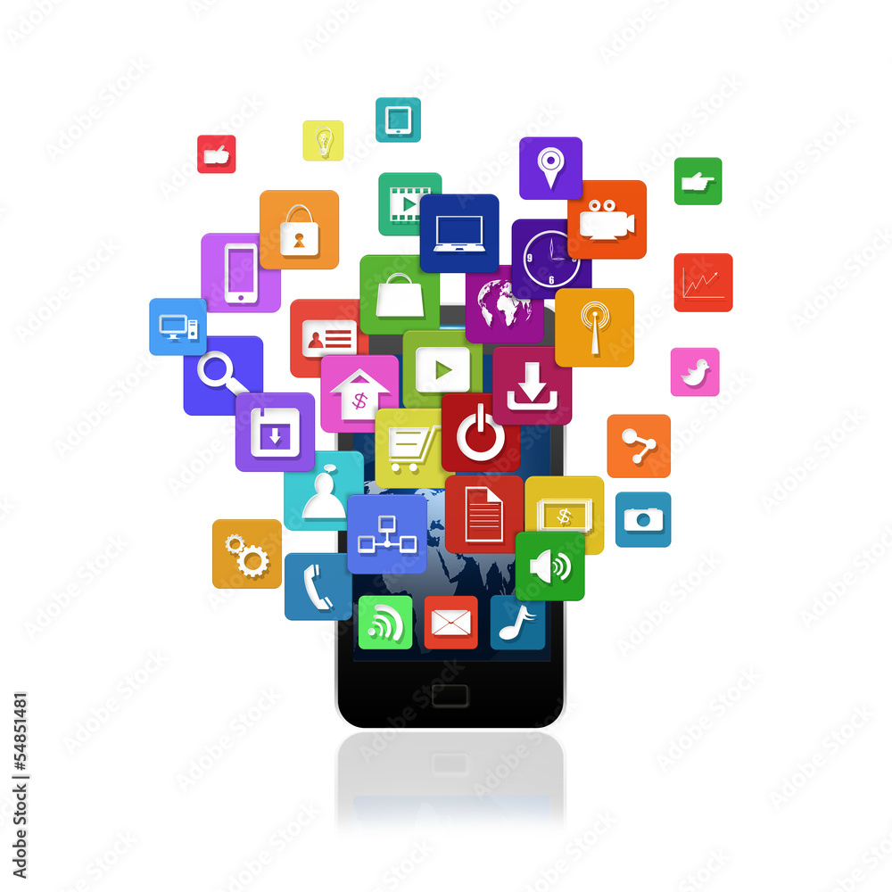 Touch screen mobile phone with colorful application icons,isolat