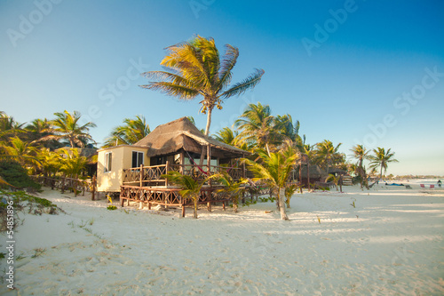 Fototapeta Naklejka Na Ścianę i Meble -  Tropical beach bungalow on ocean shore among palm trees