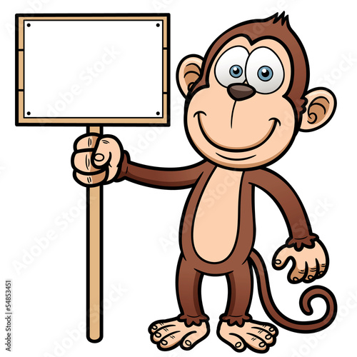 Vector illustration of Cartoon monkey with wooden sign