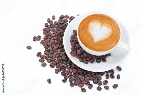 A cup of cafe latte and coffee beans on white #54856879