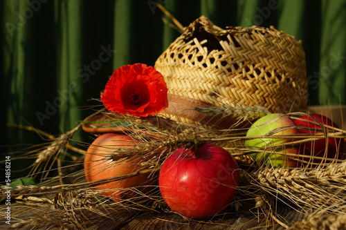 rural composition with apples  wheat  poppy and straw hat