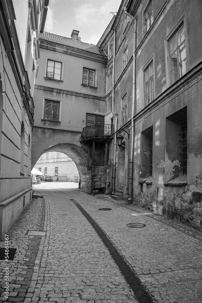 Black and white streets of the old town in Lublin, Poland