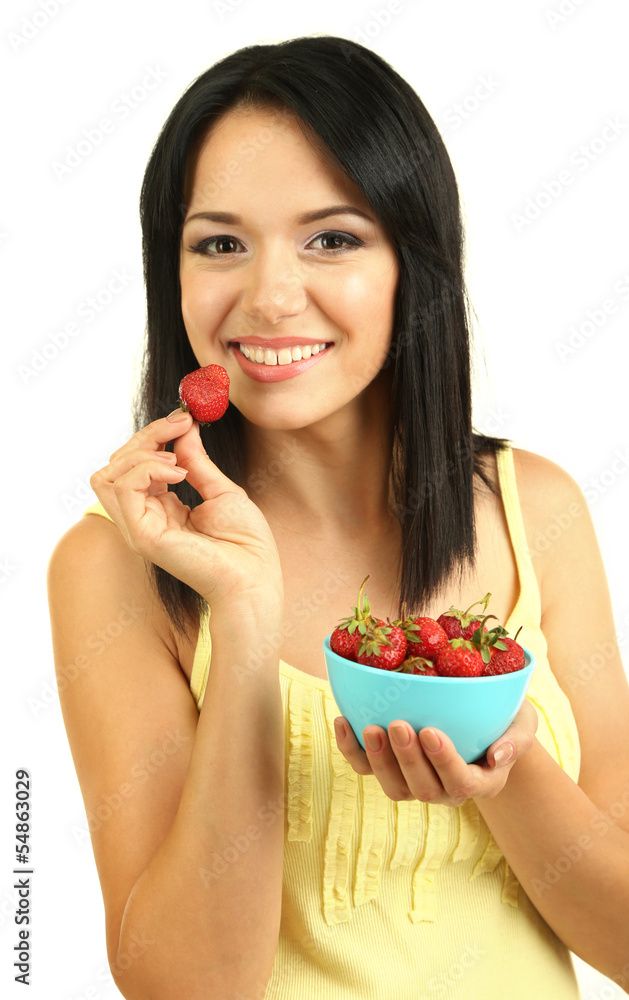 Girl with fresh strawberries isolated on white Girl with fresh strawberries isolated on white