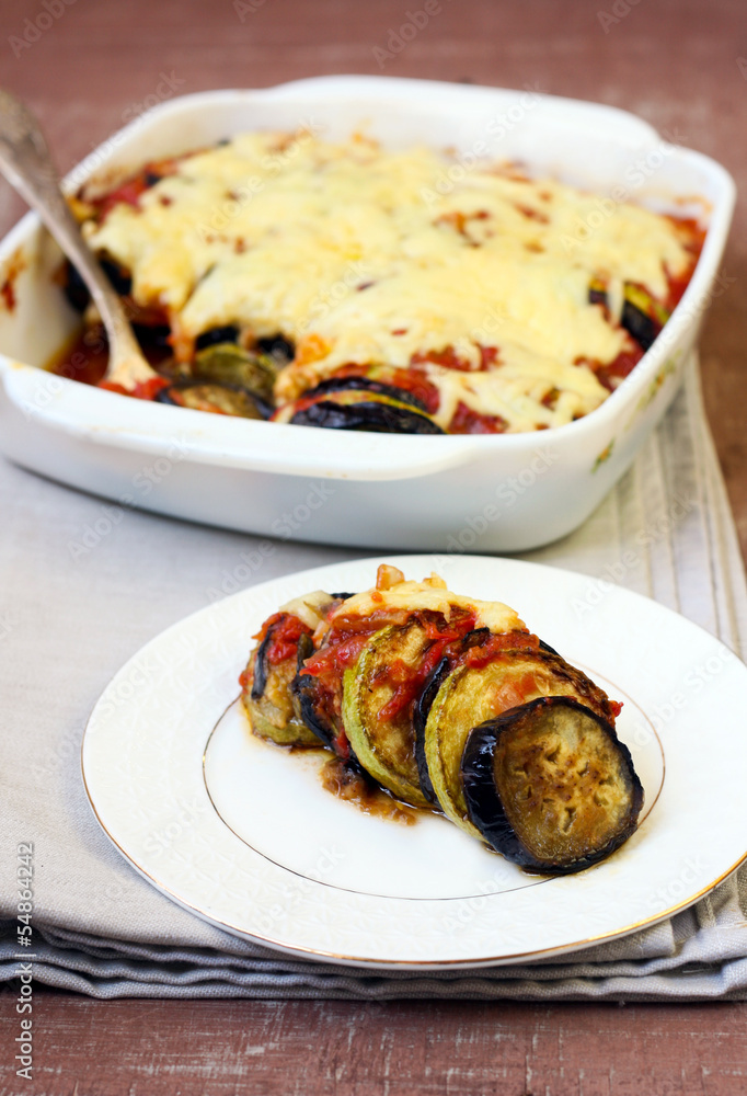 Aubergine, courgette tomato bake