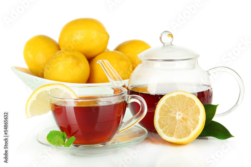 Cup of tea with lemon isolated on white