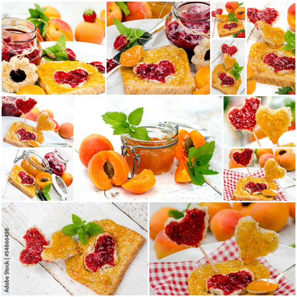 Collage: heart-shaped toasts with with apricot and raspberry jam
