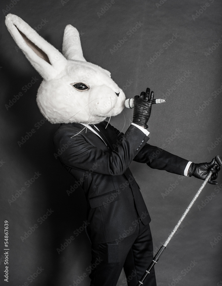 man in rabbit mask . black suit sing on dark background Stock Photo | Adobe  Stock