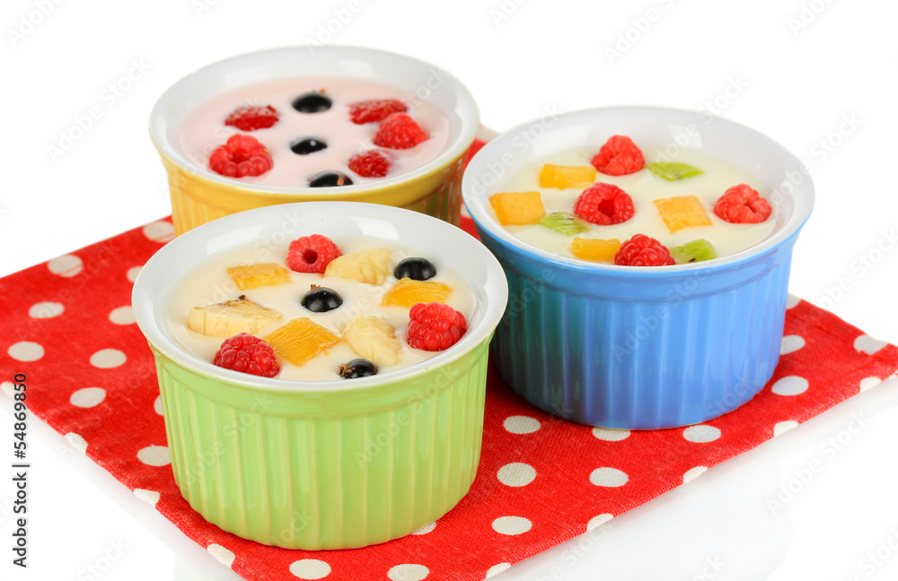 Delicious yogurt with fruit isolated on white