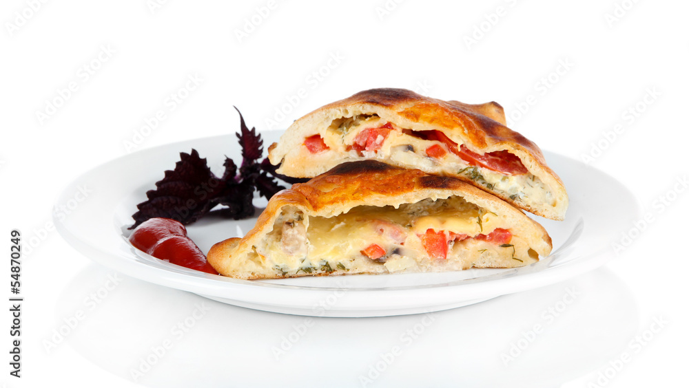 Pizza calzone on plate isolated on white