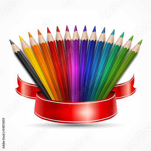 Pencils in the shape of fan with ribbon on white, vector
