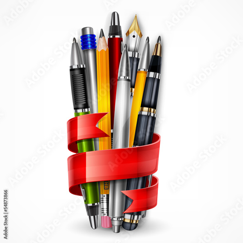 Pens and pencils tied with red ribbon on white, vector