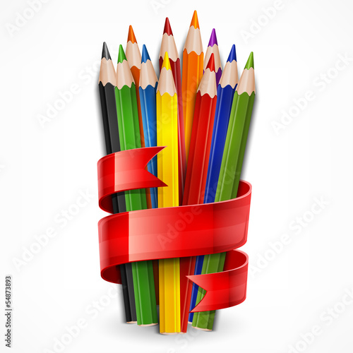 Colored wooden pencils tied with red ribbon on white, vector