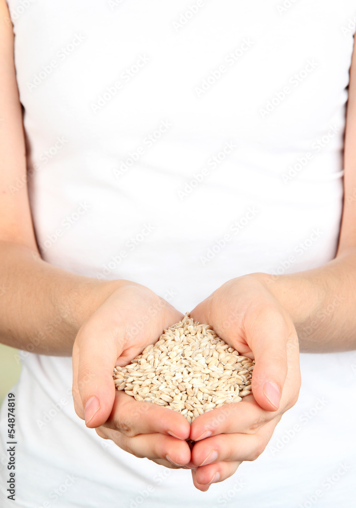 Wheat grain in female hands on natural background Wheat grain in female hands on natural background