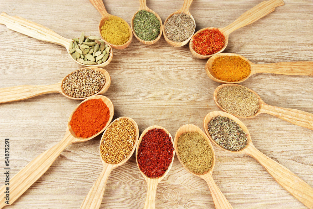 Assortment of spices in wooden spoons on wooden background Assortment of spices in wooden spoons on wooden background
