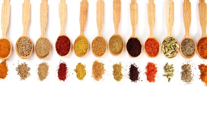 Fototapete Gewürze Assortment of spices in wooden spoons, isolated on white  © Africa Studio