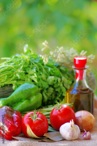 Fototapeta Naklejka Na Ścianę i Meble -  Vegetables, olive oil and ingredients