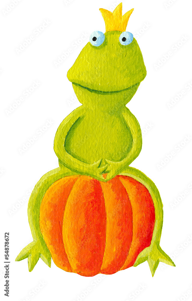 Frog prince sitting on pumpkin - obrazy, fototapety, plakaty 