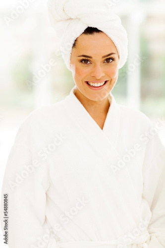 pretty woman in white bathrobe