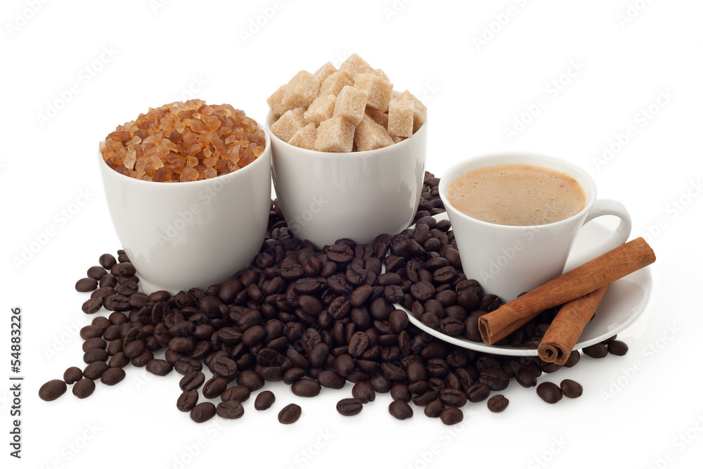 Cup of coffee and beans with sugar and cinnamon Cup of coffee and beans with sugar and cinnamon