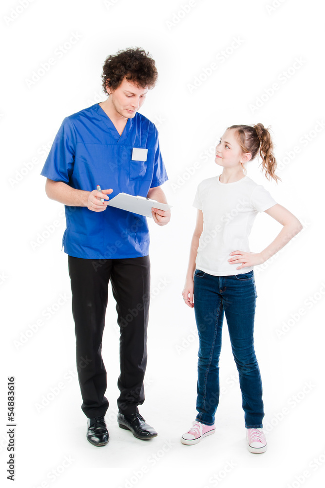 child to the doctor in blue robe