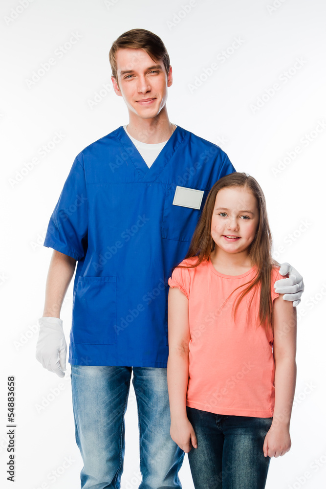 child to the doctor in blue robe child to the doctor in blue robe