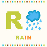 Alphabet for children, letter r and a rain isolated