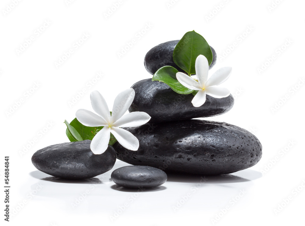 tiare flowers, candle and black stone spa - obrazy, fototapety, plakaty 