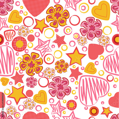 Seamless pattern with flowers, hearts and stars.