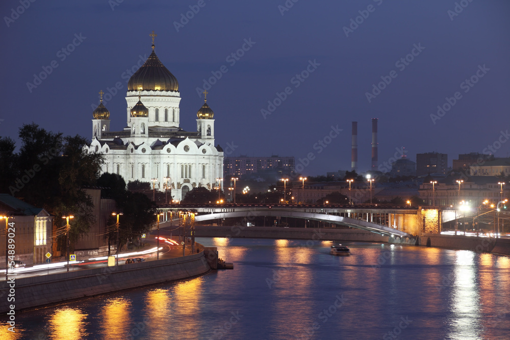 Cathedral of Christ the Saviour and Moscow river. Summer night.
