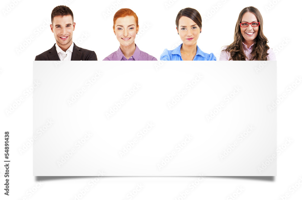 Four diverse professional businesspeople holding a blank banner Four diverse professional businesspeople holding a blank banner