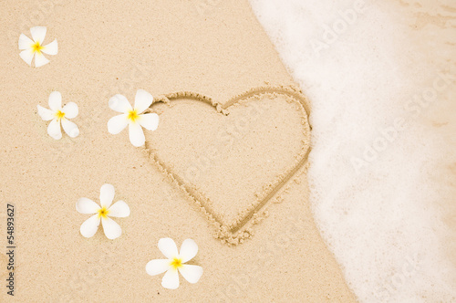 Handwritten heart on sand with wave approachin