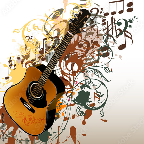 Grunge music vector background with guitar and notes