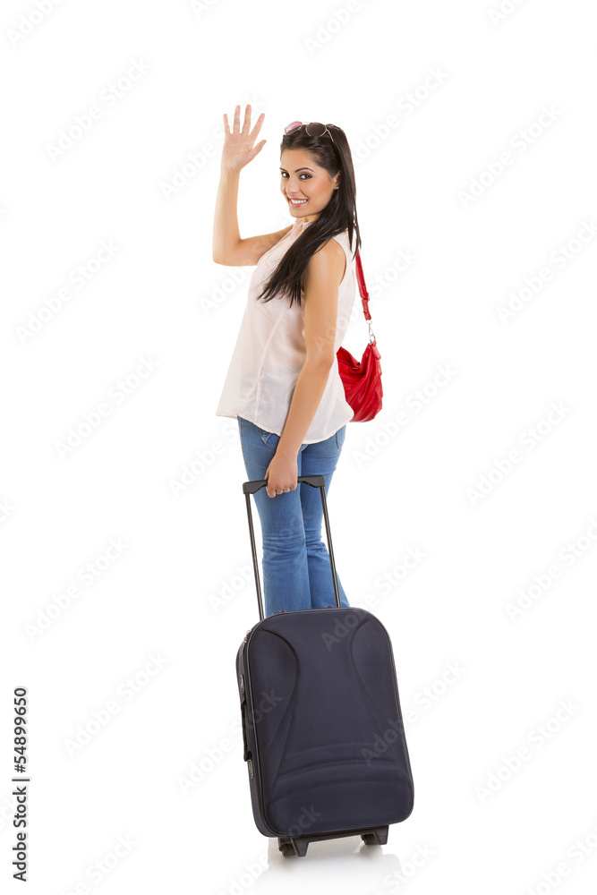 Traveling woman waving goodbye Traveling woman waving goodbye