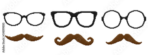 Set of pixel hipster glasses and mustache. Vector illustration.
