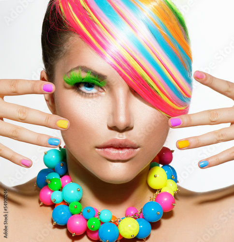Beauty Girl Portrait with Colorful Makeup  Hair and Accessories